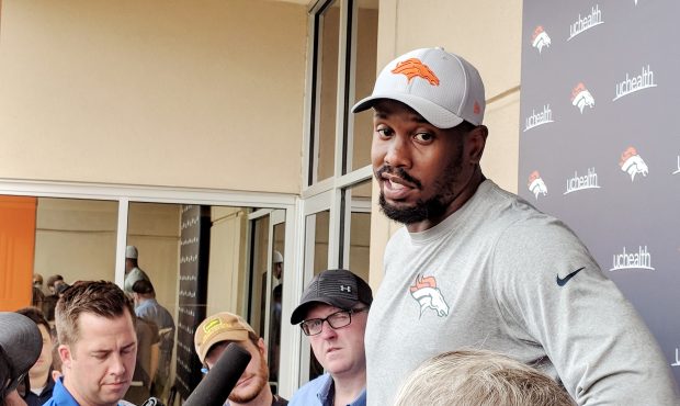Broncos linebacker Von Miller speaks to the media after team workouts at UCHealth Training Center o...