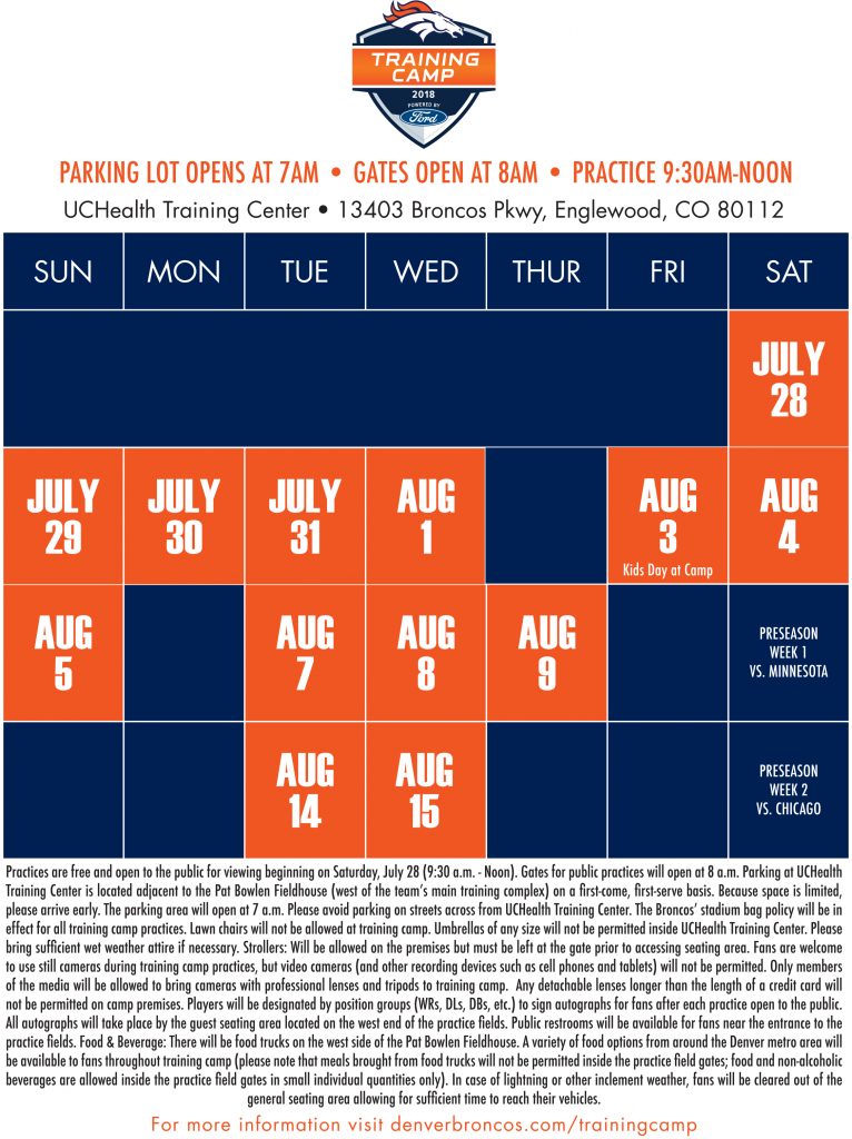 Denver Broncos 2018 training camp schedule.