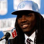 Kenneth Faried from Morehead State answers questions from the media after he was drafted No. 22 overall by the Denver Nuggets in the first round during the 2011 NBA Draft at the Prudential Center on June 23, 2011, in Newark, New Jersey.  (Photo by Mike Stobe/Getty Images)