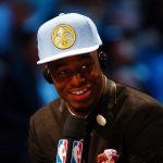 Emmanuel Mudiay speaks to the media after being selected seventh overall by the Denver Nuggets in the first round of the 2015 NBA Draft at the Barclays Center on June 25, 2015.(Photo by Elsa/Getty Images)