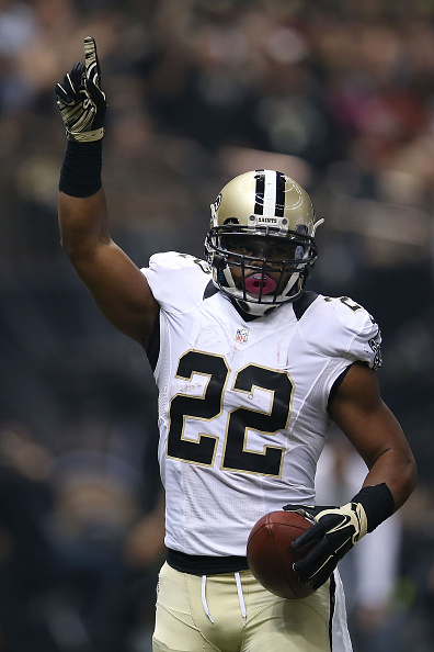 Mark Ingram #22 of the New Orleans Saints reacts to a score against the Atlanta Falcons during the first quarter of a game at the Mercedes-Benz Superdome on October 15, 2015 in New Orleans, Louisiana. (Photo by Chris Graythen/Getty Images)
