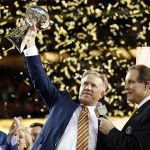 SANTA CLARA, CA - FEBRUARY 07:  Denver Broncos general manager John Elway holds up the Vince Lombardi Trophy after defeating the Carolina Panthers during Super Bowl 50 at Levi's Stadium on February 7, 2016 in Santa Clara, California. The Broncos defeated the Panthers 24-10.  (Photo by Ezra Shaw/Getty Images)