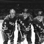 The three Howes, Father Gordie (left) and sons Marty (center) and Mark take to the ice for the first time in league play here as their team, the Houston Aeros, prepares to meet the New England Whalers for a 15-minute period, part of a four-team hockey spectacular staged by the WHA.