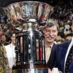 LAS VEGAS - JUNE 12:  (L-R) Owners Pat Bowlen, Stan Kroenke and John Elway of the Colorado Crush pose with the trophy after a 51-48 win over the Georgia Force in Arena Bowl XIX on June 12, 2005 at the Thomas and Mack Center in Las Vegas, Nevada.  (Photo by Harry How/Getty Images)