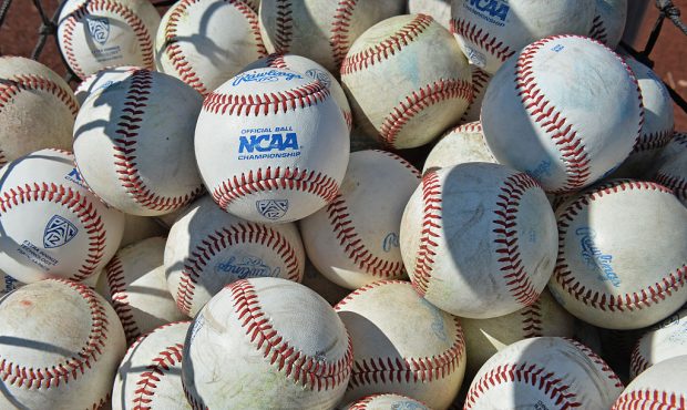 A general view of baseballs during the first inning during game two of the College World Series Cha...
