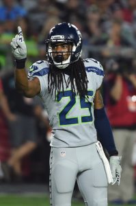 Cornerback Richard Sherman #25 of the Seattle Seahawks gestures during the first half of the NFL game against the Arizona Cardinals at University of Phoenix Stadium on October 23, 2016 in Glendale, Arizona. (Photo by Norm Hall/Getty Images)