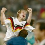 West Germany striker Jurgen Klinsmann celebrates after the 1990 FIFA World Cup Final between West Germany and Argentina at Olympic Stadium on July 8, 1990 in Rome. (Photo by David Cannon/Allsport/Getty Images)