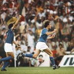 Italy player Marco Tardelli (right) celebrates after scoring the second goal in their 3-1 victory over West  Germany in the 1982 FIFA World Cup Final at 
Santiago Bernabéu on July 11, 1982 in Madrid, Spain.(Photo by Duncan Raban/Allsport/Getty Images)
