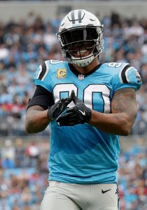 Julius Peppers #90 of the Carolina Panthers reacts after a play against the Atlanta Falcons in the first half during their game at Bank of America Stadium on November 5, 2017 in Charlotte, North Carolina. (Photo by Streeter Lecka/Getty Images)
