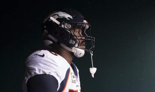 Von Miller (58) of the Denver Broncos walks onto the field prior to the game against the Philadelph...