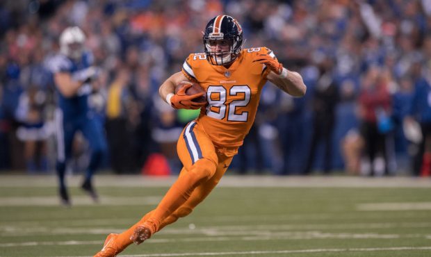 Denver Broncos tight end Jeff Heuerman (82) runs in for a 54 yard touchdown catch during the NFL ga...