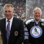 Brett Hull (L) and Bobby Hull (R) man the bench at the Hockey Hall of Fame Legends Game at the Air Canada Centre on November 8, 2009 in Toronto, Canada. (Photo by Bruce Bennett/Getty Images)