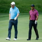 Peyton Manning and Tiger Woods walk down the fairway on the second hole during the pro-am of The Memorial Tournament Presented By Nationwide at Muirfield Village Golf Club on May 30, 2018, in Dublin, Ohio.  (Photo by Andy Lyons/Getty Images)