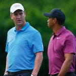 Former NFL player Peyton Manning, speaks with Tiger Woods during the pro-am prior to The Memorial Tournament presented by Nationwide at Muirfield Village Golf Club  on May 30, 2018, in Dublin, Ohio.  (Photo by Matt Sullivan/Getty Images)