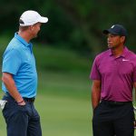 Former NFL player Peyton Manning, speaks with Tiger Woods during the pro-am prior to The Memorial Tournament presented by Nationwide at Muirfield Village Golf Club  on May 30, 2018, in Dublin, Ohio.  (Photo by Matt Sullivan/Getty Images)