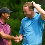 Tiger Woods and Peyton Manning shake hands after their pro-am round prior to the Memorial Tournament presented by Nationwide at Muirfield Village Golf Club on May 30, 2018, in Dublin, Ohio. (Photo by Stan Badz/PGA TOUR)