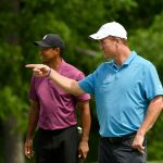 Tiger Woods and Peyton Manning watch play during the pro-am round of the Memorial Tournament presented by Nationwide at Muirfield Village Golf Club on May 30, 2018, in Dublin, Ohio. (Photo by Stan Badz/PGA TOUR)