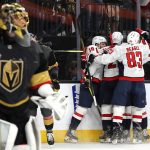LAS VEGAS, NV - JUNE 07: Marc-Andre Fleury #29 of the Vegas Golden Knights reacts as Devante Smith-Pelly #25 of the Washington Capitals is congratulated by his teammates after scoring a third-period goal in Game Five of the 2018 NHL Stanley Cup Final at T-Mobile Arena on June 7, 2018 in Las Vegas, Nevada. (Photo by Bruce Bennett/Getty Images)
