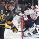 LAS VEGAS, NV - JUNE 07:  Braden Holtby #70 and Tom Wilson #43 of the Washington Capitals celebrate their 4-3 winto win the Stanley Cup as Reilly Smith #19 of the Vegas Golden Knights reacts in Game Five of the 2018 NHL Stanley Cup Final at T-Mobile Arena on June 7, 2018 in Las Vegas, Nevada.  (Photo by Harry How/Getty Images)