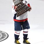 LAS VEGAS, NV - JUNE 07:  Alex Ovechkin #8 of the Washington Capitals skates with the Conn Smythe Trophy after his team defeats the Vegas Golden Knights 4-3 in Game Five of the 2018 NHL Stanley Cup Final at T-Mobile Arena on June 7, 2018 in Las Vegas, Nevada.  (Photo by Ethan Miller/Getty Images)