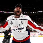 LAS VEGAS, NV - JUNE 07: Alex Ovechkin #8 of the Washington Capitals reacts after his team defeated the Vegas Golden Knights 4-3 in Game Five of the 2018 NHL Stanley Cup Final at T-Mobile Arena on June 7, 2018 in Las Vegas, Nevada. (Photo by Bruce Bennett/Getty Images)
