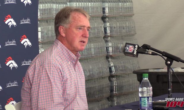 Joe Ellis speaks to the assembled media at UCHleath Training Center for the Denver Broncos annual p...