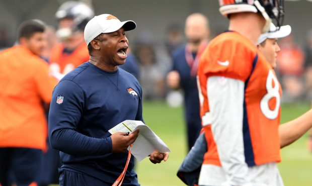 Head coach Vance Joseph changing up drills on day 2 of Denver Broncos training camp at the UCHealth...