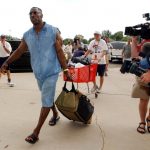 GREELEY,CO--BRONCOS TRAINING CAMP--Denver Bronco tight end, Shannon Sharpe, arrives in Greeley for the first day of training camp. Only meetings today, Thursday, but then starts two a days Friday. THE DENVER POST/ ANDY CROSS  (Photo By Andy Cross/The Denver Post via Getty Images)