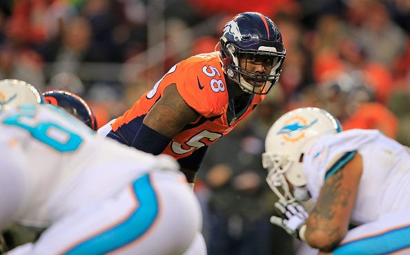 Outside linebacker Von Miller (58) of the Denver Broncos lines up against the Miami Dolphins at Spo...