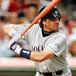 CLEVELAND, :  In this 08 July file photo, Larry Walker of the Colorado Rockies wears his batting helmet backwards during a plate appearance at the 1997 All-Star Game in Cleveland, OH. It was announced 13 Novmber that Walker has been named as the 1997 National League Most Valuable Player,. He had 49 home runs with a .366 batting average for the year.  AFP PHOTO/FILES/TIMOTHY A. CLARY (Photo credit should read TIMOTHY A. CLARY/AFP/Getty Images)