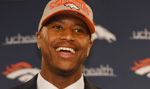 Denver Broncos second-round draft pick Courtland Sutton during his introductory press conference at...