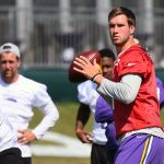 Minnesota Vikings Quarteback Kyle Sloter (1) looks to pass during training camp on July 30, 2018 at Twin Cities Orthopedics Performance Center in Eagan, MN.(Photo by Nick Wosika/Icon Sportswire via Getty Images)