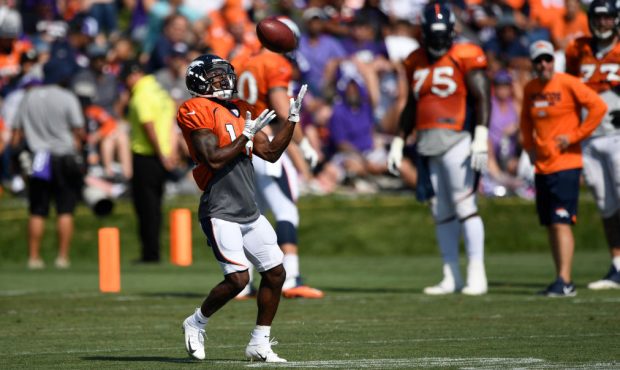Denver Broncos wide receiver Isaiah McKenzie #16 during punt return drill at training camp at Dove ...