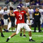 Minnesota Vikings quarterback Trevor Siemian (3) throws a pass during Vikings Training Camp on August 4, 2018 at Twin Cities Orthopedics Performance Center in Eagan, Minnesota. (Photo by David Berding/Icon Sportswire via Getty Images)