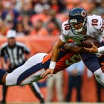 DENVER, CO - AUGUST 18:  Linebacker Bradley Chubb #55 of the Denver Broncos hits quarterback Mitchell Trubisky #10 of the Chicago Bears in the end zone for a first quarter safety during an NFL preseason game at Broncos Stadium at Mile High on August 18, 2018 in Denver, Colorado. (Photo by Dustin Bradford/Getty Images)