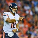 DENVER, CO - AUGUST 18:  Quarterback Mitchell Trubisky #10 of the Chicago Bears points to the bench area to celebrate after throwing a second quarter touchdown pass against the Denver Broncos during an NFL preseason game at Broncos Stadium at Mile High on August 18, 2018 in Denver, Colorado. (Photo by Dustin Bradford/Getty Images)