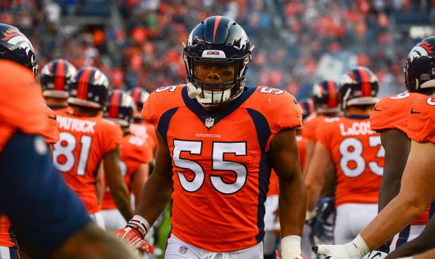 Linebacker Bradley Chubb #55 of the Denver Broncos runs onto the field as players are introduced be...