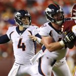 LANDOVER, MD - AUGUST 24: Quarterback Case Keenum #4 of the Denver Broncos looks to pass against the Washington Redskins in the first half during a preseason game at FedExField on August 24, 2018 in Landover, Maryland. (Photo by Patrick Smith/Getty Images)