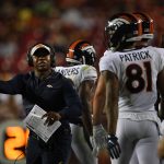 LANDOVER, MD - AUGUST 24: Head coach Vance Joseph of the Denver Broncos hurry his team against the Washington Redskins at FedExField stadium in Landover, Maryland. August 24, 2018 (Photo by Joe Amon/The Denver Post via Getty Images)