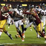 LANDOVER, MD - AUGUST 24: Wide receiver Emmanuel Sanders #10 of the Denver Broncos fights his way to the end zone in the first half against the Washington Redskins at FedExField stadium in Landover, Maryland. August 24, 2018 (Photo by Joe Amon/The Denver Post via Getty Images)