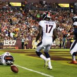 LANDOVER, MD - AUGUST 24: Wide receiver Emmanuel Sanders #10 of the Denver Broncos goes to sleep in the end zone after scoring a touchdown during the first half against the Washington Redskins at FedExField stadium in Landover, Maryland. August 24, 2018 (Photo by Joe Amon/The Denver Post via Getty Images)