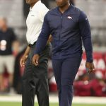 Head coaches Steve Wilks of the Arizona Cardinals and Vance Joseph of the Denver Broncos talk during warm ups to the preseason NFL game at University of Phoenix Stadium on August 30, 2018 in Glendale, Arizona.  (Photo by Christian Petersen/Getty Images)