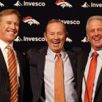 ENGLEWOOD, CO - JANUARY 14:  Denver Broncos vice president of football operations John Elway (L), owner Pat Bowlen and new head coach John Fox share a laugh before Fox addressed the media at Dove Valley on January 14, 2011 in Englewood, Colorado. Fox was named the 14th head coach in Broncos history yesterday after spending the last nine seasons as head coach of the Carolina Panthers. (Photo by Justin Edmonds/Getty Images)