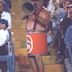 Barrelman, the Denver Broncos #1 fan, shouts encouragement to the team during a game against the Tampa Bay Buccaneers on September 15, 1996 in Denver. Denver won the game 27-23.  (Photo by Albert Dickson/Sporting News via Getty Images)