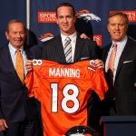 ENGLEWOOD, CO - MARCH 20:  Quarterback Peyton Manning (C) poses with majority owner, president, and CEO Pat Bowlen (L) and executive vice president of football operations John Elway (R) during a news conference announcing Manning's contract with the Denver Broncos in the team meeting room at the Paul D. Bowlen Memorial Broncos Centre on March 20, 2012 in Englewood, Colorado. Manning, entering his 15th NFL season, was released by the Indianapolis Colts on March 7, 2012, where he had played his whole career. It has been reported that Manning will sign a five-year, $96 million offer.  (Photo by Justin Edmonds/Getty Images)