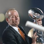 MIAMI, FL - JANUARY 31:  Pat Bowlen owner of the Denver Broncos holding the Lombardi Trophy after the Broncos defeated the Atlanta Falcons in Super Bowl XXXIII January 31, 1999 at Pro Player Stadium in Miami, Florida . The Broncos won the game 35-19. (Photo by Focus on Sport/Getty Images)