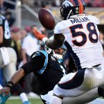 SANTA CLARA, CA - FEBRUARY 07: Denver Broncos linebacker Von Miller (58) strips the ball from Carolina Panthers quarterback Cam Newton (1). The fumble will recovered for a touchdown in Super Bowl 50 at Levi's Stadium in Santa Clara, Calif. on February 7, 2016. (Photo by Joe Amon/The Denver Post via Getty Images)