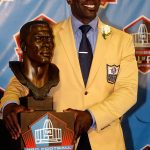 06 AUG 2011: Shannon Sharpe poses with his HOF bust during the Pro Football Hall of Fame Induction Ceremony at Fawcett Stadium in Canton, OH. (Photo by Cliff Welch/Icon SMI/Corbis via Getty Images)