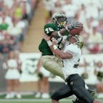 2 Sep 2000: Frank Rice # 25 of the Colorado State Rams makes a flying catch as he gets tackled by Nate Wright #25 of the Colorado Buffaloes during the game at Mile High Stadium in Denver, Colorado. The Rams defeated the Buffaloes 28-24.Mandatory Credit: Rodolfo Ganzales  /Allsport