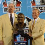 CANTON, OH - AUGUST 2: Gary Zimmerman and owner Pat Bowlen of the Denver Broncos poses with his bust after his induction during the Class of 2008 Pro Football Hall of Fame Enshrinement Ceremony at Fawcett Stadium on August 2, 2008 in Canton, Ohio.   (Photo by Al Messerschmidt/Getty Images)